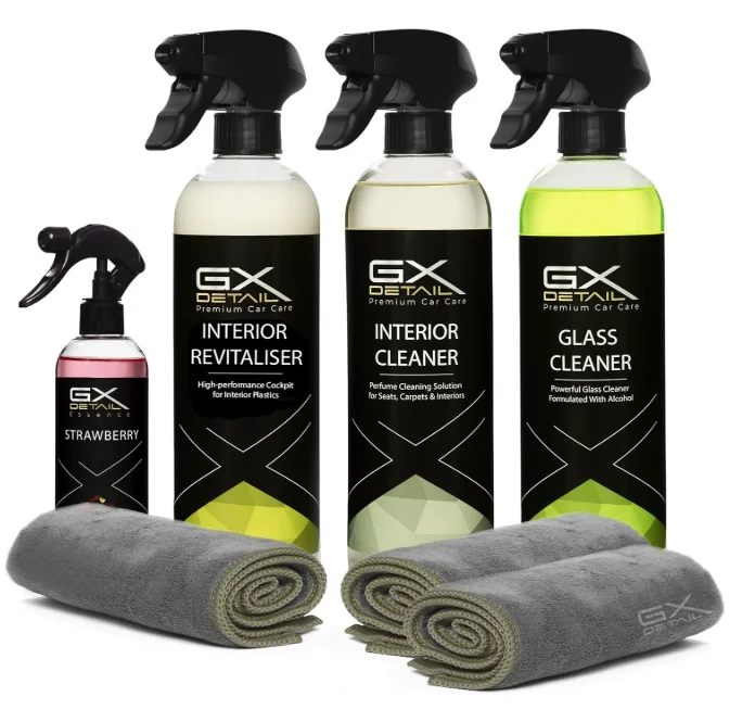 GxDetail – Kit Limpieza Coche con Accesorios – Limpiador de Tapicerías, Limpia Salpicaderos, Limpiaparabrisas, Incluye Accesorios de Limpieza de coche y Ambientador. Pack Limpieza Coche Profesional