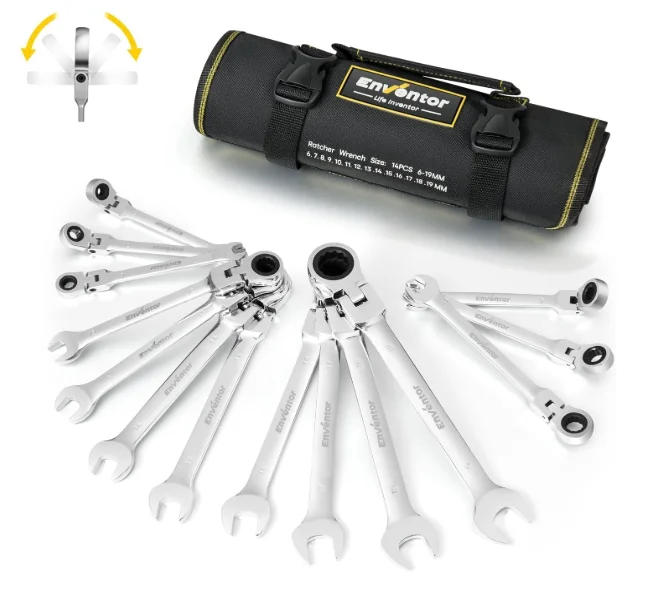 Enventor Llaves Fijas con Carraca de 14 Piezas, Juego de Llaves Combinadas con Carraca 6mm a 19mm, Acero Cromo Vanadio, 72 Dientes, Cabezal Giratorio de 180°, Arco de Giro de 5°, Bolsa